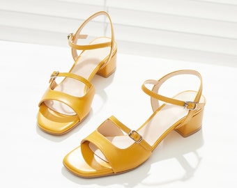 Open-Toe Belted Strap Sandals, Women's Handmade Leather Shoes, 2 Colors: Yellow, Black