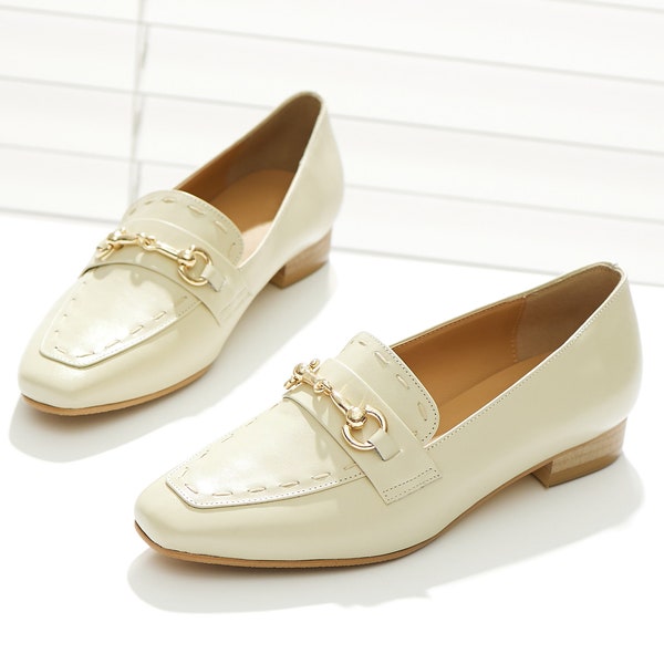 Horsebit Stitch Penny Loafers, Women's Handmade Leather Shoes, Cream