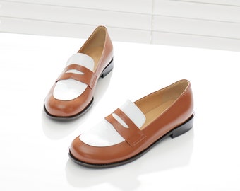 Two-Tone Round-Toe Penny Loafers, Women's Handmade Leather Shoes, Brown & White