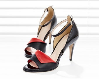 Ankle Strap High Heel Sandals, Women's Handmade Leather Shoes, Black & Red