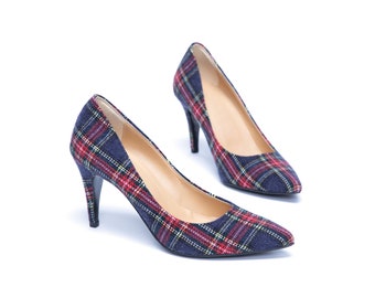 Tartan Plaid Stiletto High Heel Pumps, Women's Handmade Leather Shoes, Black Check