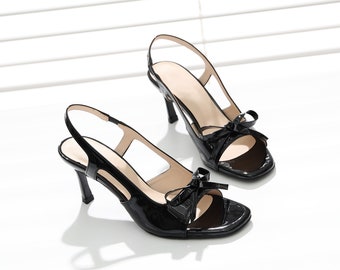 Bow Patent Retro Slingback Sandals, Women's Handmade Leather Shoes, Black