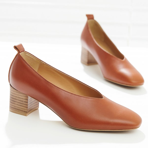 Slip-On Wooden Block Heel Pumps, Women's Handmade Leather Shoes, 2 Colors: Brown, Black