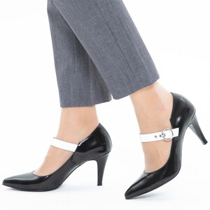 Belt Strap Accent Pointy Toe High Heel Pumps, Women's Handmade Leather Shoes, 2 Colors: White & Black, All Black image 9