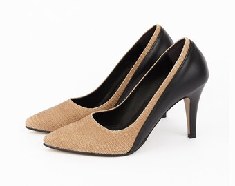 Textured Leather Two-Tone High Heel Pumps, Women's Handmade Leather Shoes, Light Brown & Black