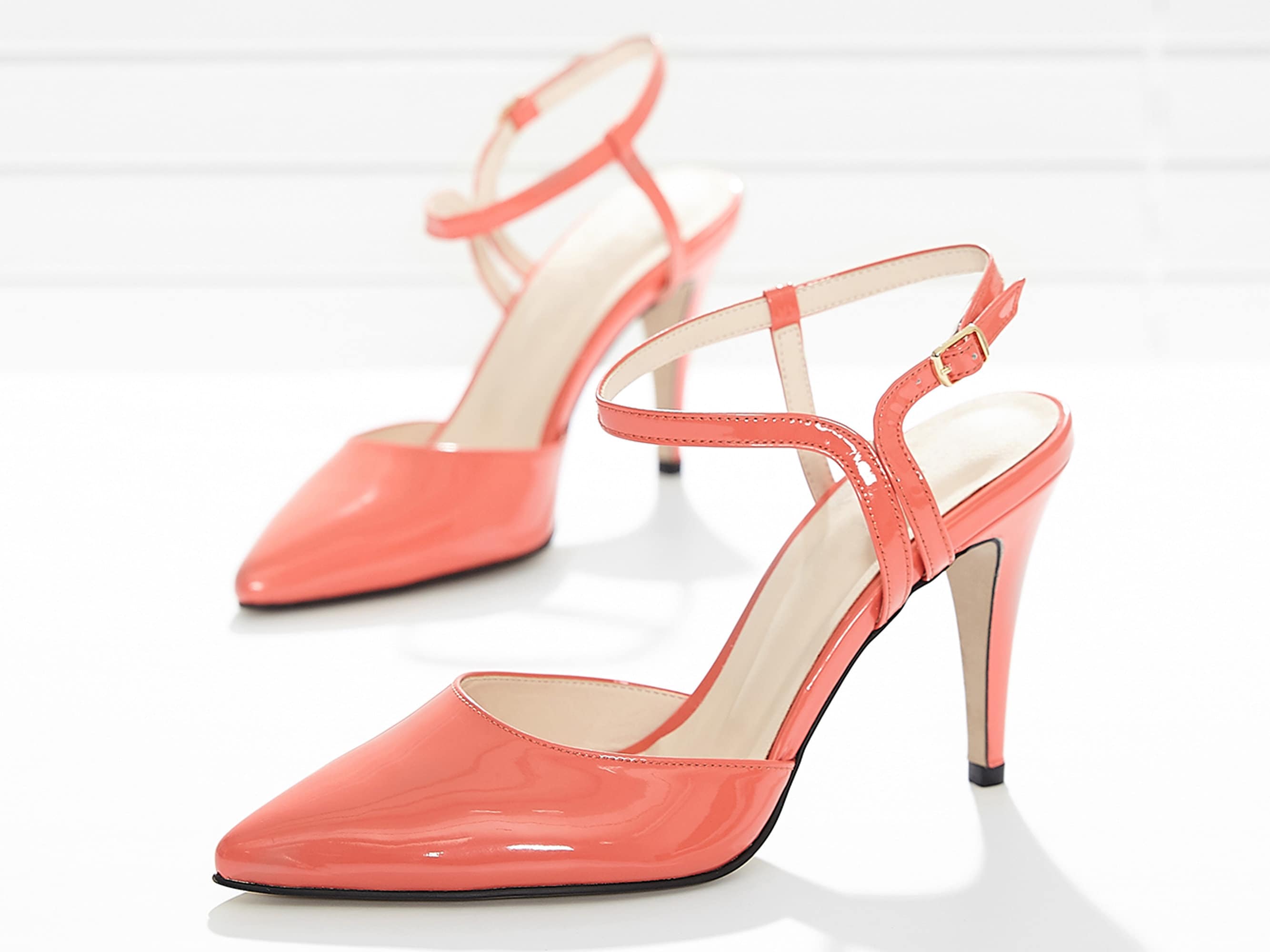 Coral Red Gold Ankle Strap Heels Pointed Toe Stiletto Heels Pumps|FSJshoes