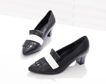 Pointed-Toe Crocodile Fringe Pumps, Women's Handmade Leather Shoes, Black & White