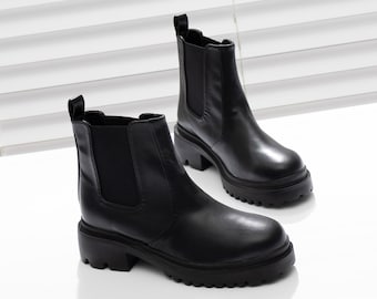 Chelsea Lug Sole Platform Boots, Women's Handmade Leather Shoes, Black