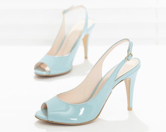 Peep-Toe Pastel Slingback Sandals, Women's Handmade Leather Shoes, 3 Colors: Blue, Ivory, Pink