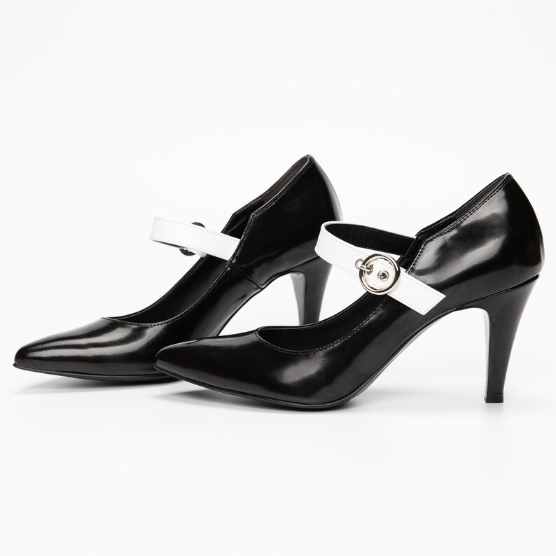 Belt Strap Accent Pointy Toe High Heel Pumps, Women's Handmade Leather Shoes, 2 Colors: White & Black, All Black image 4