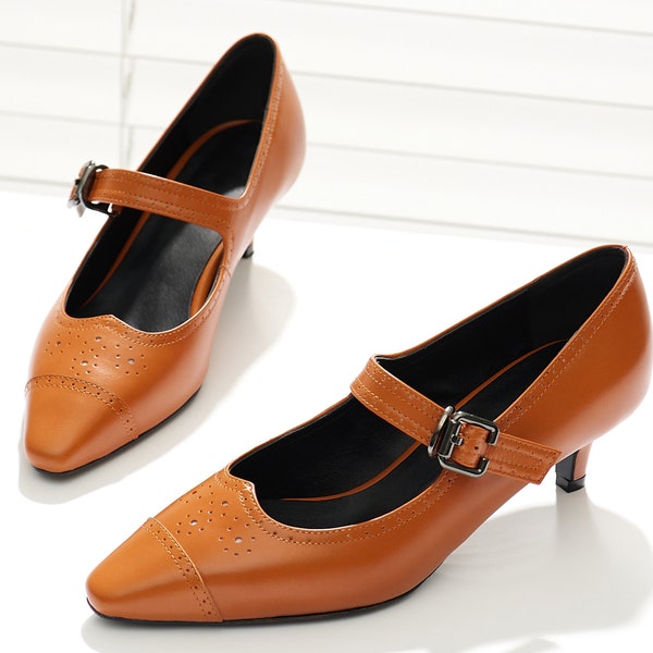 Buckle Strap Kitten Heel Mary Jane Pumps, Women's Handmade Leather Shoes, Orange Brown