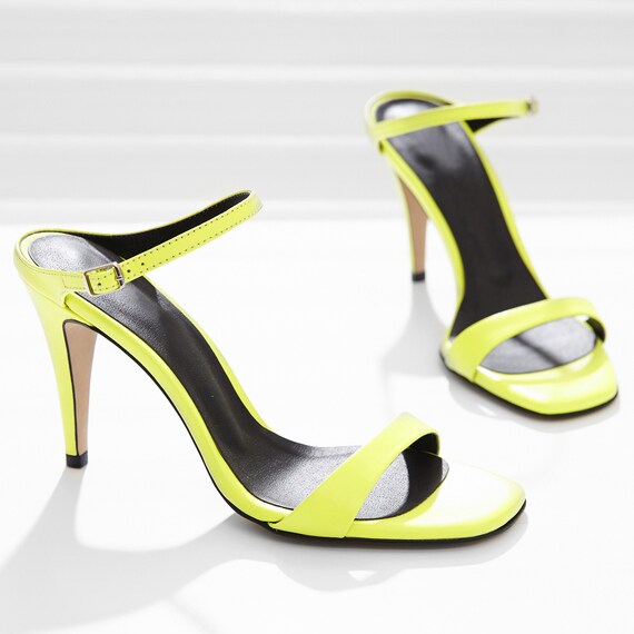 Neon Strap Heeled Sandals Women s Handmade Leather Shoes 2 Colors Neon Black