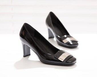 Two-Tone Buckle High Heel Pumps, Women's Handmade Leather Shoes, Black