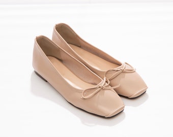 Bow Accent Ballet Flats, Women's Handmade Leather Shoes, 2 Colors: Beige, Black