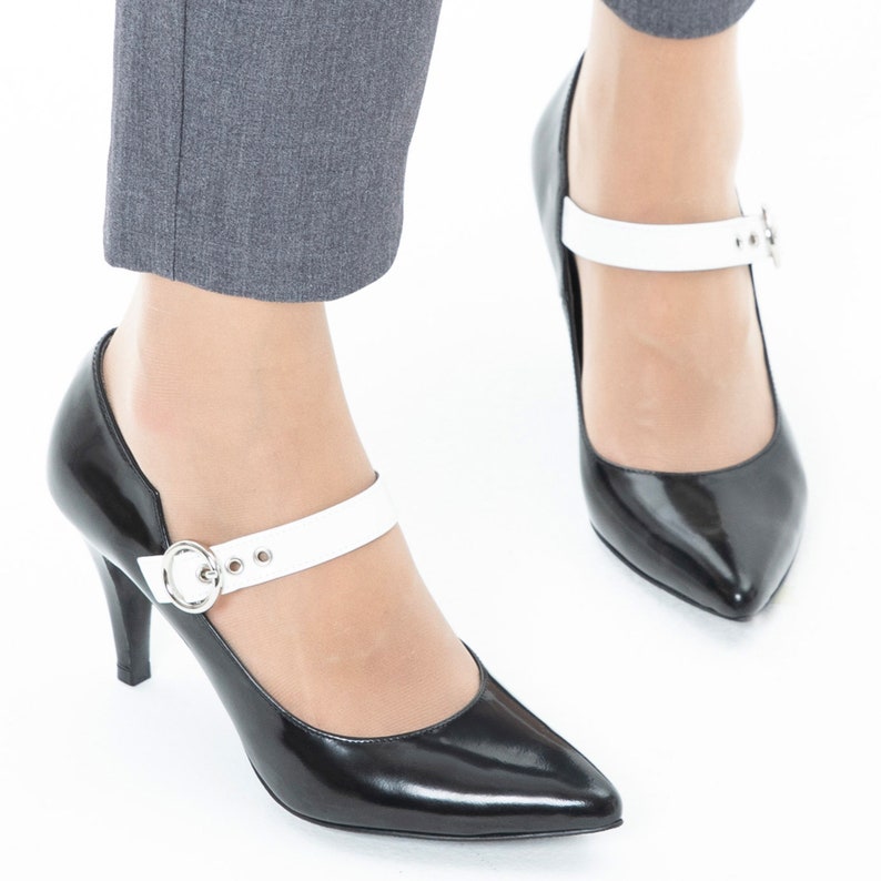 Belt Strap Accent Pointy Toe High Heel Pumps, Women's Handmade Leather Shoes, 2 Colors: White & Black, All Black image 7