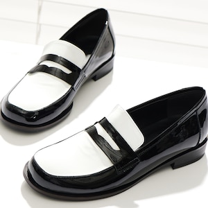 Two-Tone Patent Penny Loafers, Women's Handmade Leather Shoes, Black & White