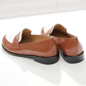 Two-Tone Round-Toe Penny Loafers, Women's Handmade Leather Shoes, Brown & White image 5