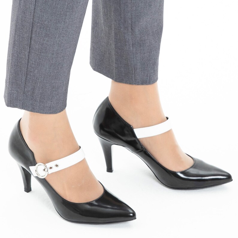 Belt Strap Accent Pointy Toe High Heel Pumps, Women's Handmade Leather Shoes, 2 Colors: White & Black, All Black image 8