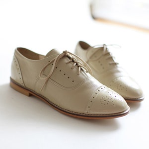 Lace-Up Casual Oxfords, Women's Handmade Leather Shoes, 4 Colors: Ivory, Beige, Brown, Black
