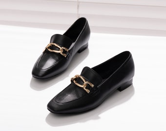 Gold Chain Link Classic Loafers, Women's Handmade Leather Shoes, Black