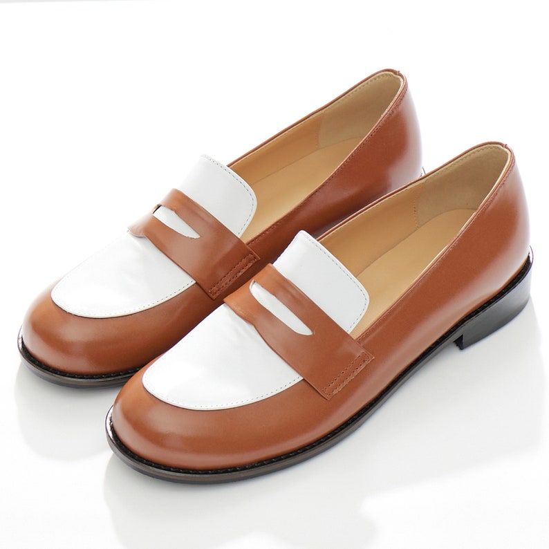 Two-Tone Round-Toe Penny Loafers, Women's Handmade Leather Shoes, Brown & White image 3