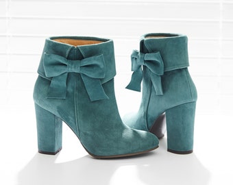 Suede Bow Cuff Block Heel Booties, Women's Handmade Leather Shoes, 2 Colors: Mint, Black