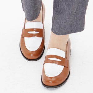 Two-Tone Round-Toe Penny Loafers, Women's Handmade Leather Shoes, Brown & White image 7