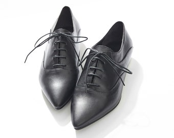 Pointed-Toe Lace-Up Oxfords, Women's Handmade Leather Shoes, Black