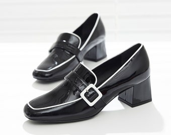 Buckle Square-Toe Patent Loafers, Women's Handmade Leather Shoes, Black