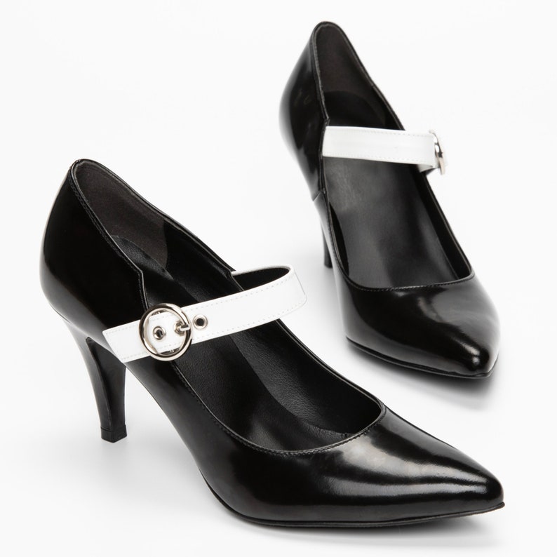 Belt Strap Accent Pointy Toe High Heel Pumps, Women's Handmade Leather Shoes, 2 Colors: White & Black, All Black image 2