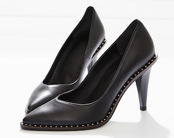 Pointed-Toe High Heel Pumps, Women's Handmade Leather Shoes, Black