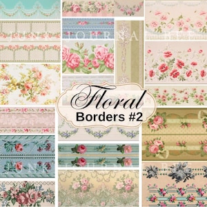 Vintage Junk Journal paper kit, floral Wallpaper borders digital download, antique rose scrapbooking printable vintage rose junk journal kit