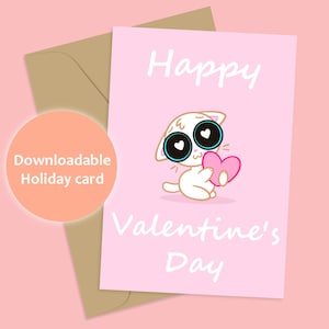 PRINTABLE Cute Cat Valentine Card, Kitten, Holiday, Galentine&#39;s, Blank Card, Digital Download, Cat lover Gift