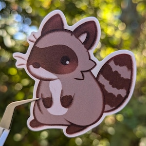 Racoon sticker, BIJGEWERKT, waterdicht, mat, vinyl, cadeau, schattig, grappig, prullenbak dier, dom, prullenbakpanda