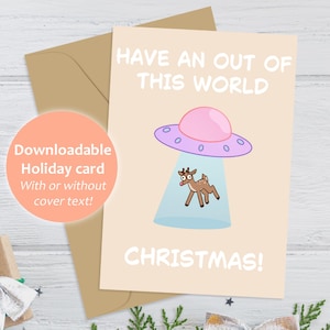 PRINTABLE Cute Holiday Greeting Card, Reindeer, Christmas, Holiday, Cute UFO Card, Alien, Blank Card, Digital Download
