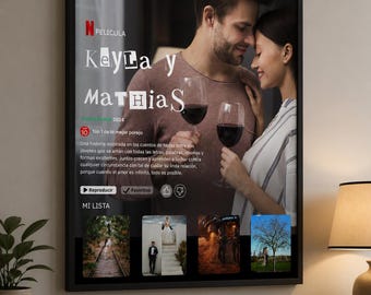 Könnte beinhalten: Ein gerahmtes digitales Display mit einer Netflix-Oberfläche und dem Titel Keyla y Mathias. Der Bildschirm zeigt ein Paar mit Weingläsern, Navigationsmenüs, eine Inhaltsangabe und eine Reihe von Vorschaubildern für weitere Inhalte.