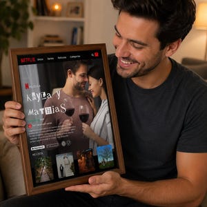 Puede incluir: Un marco de madera rectangular que contiene una impresión personalizada diseñada como una interfaz de película de Netflix. La imagen muestra el título "Keyla y Mathias" y una fotografía de una pareja con copas de vino, menús y miniaturas.