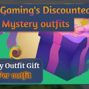 May include: An advertisement for "Zx1 Gaming's Discounted Mystery Outfits." The image features a purple gift box with pink stripes and a pink bow. Text on the image reads "Mystery Outfit Gift" and "5$ Per outfit."