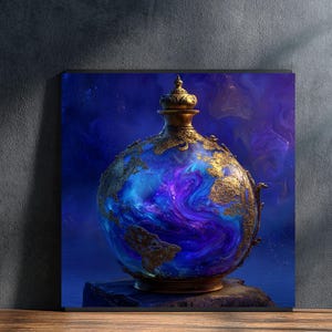 Celestial Globe Potion Bottle Art, Golden World Map Nebula Sphere Print (Digital Download)