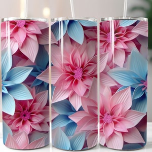 3D Lotus Pink and Sky Blue 20 oz Skinny Tumbler Sublimation Design, Straight And Tapered Tumbler Wrap, Instant Download PNG