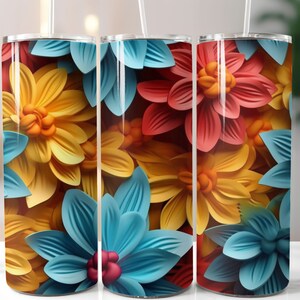 3D Teal Yellow & Red Flowers 20 oz Skinny Tumbler Sublimation Design, Straight And Tapered Tumbler Wrap, Instant Download PNG