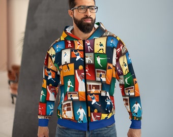 Unisex Zip Hoodie (AOP) Compilation of colorful illustrated sports figures in action