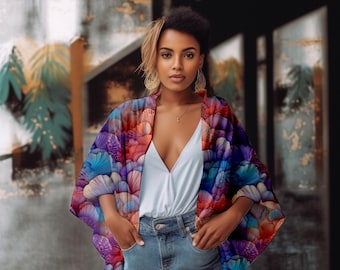 Shell Print Silk Kimono Robe: Draped Jacket, Beach Cover-Up