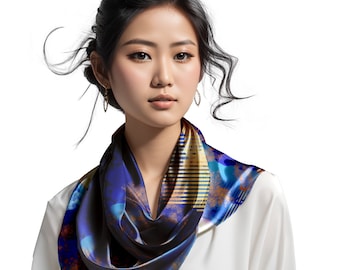 Cobalt Blue Silk Square Scarf: Geometric Botanical Print
