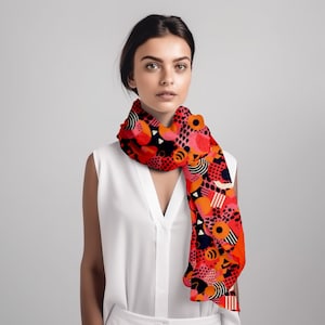 Colorful Red Scarf, Oblong Scarf for Women, Long Rectangular Silk Scarf, Chiffon Scarf, Satin Scarf, Geometric Scarf, Scarf Gift
