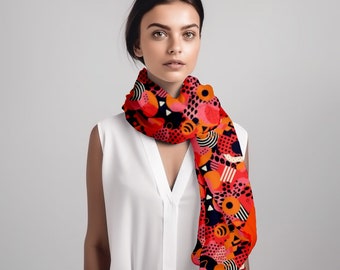 Red Geometric Silk Scarf: 80s Memphis Design