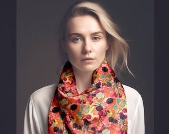 Floral Print Silk Square Scarf, Luxury Hand-Sewn Shawl