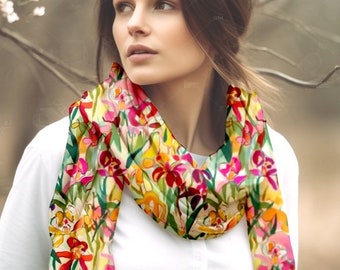 Colorful Floral Silk Chiffon Square Scarf: Hand-Sewn Artist Design