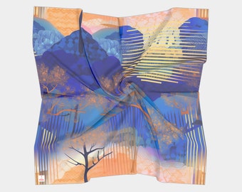 Sciarpa Quadrata Donna In Poliestere Con Stampa Geometrica Blu, Fashion Coreana