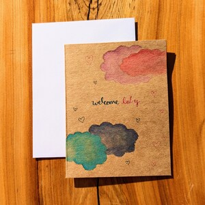 Welcome Baby colorful cloud greeting card, hand painted card, gender reveal greeting card, baby boy or girl greeting card, gender reveal